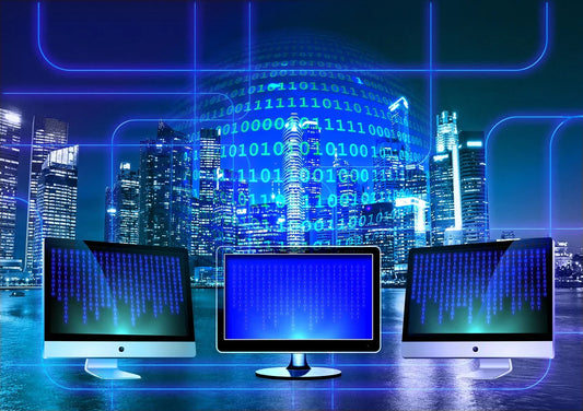 A digital representation of data flowing across screens with a futuristic city skyline in the background.