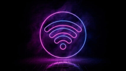 A glowing neon Wi-Fi symbol in purple and blue hues against a dark background.