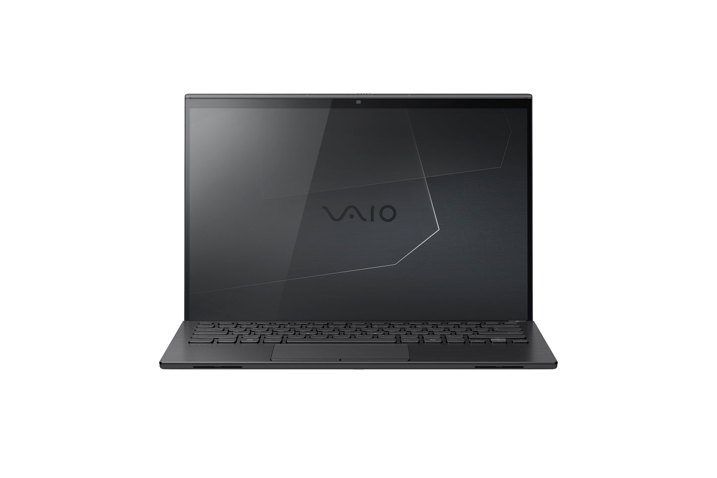 Front view of a black VAIO laptop with a subtle screen.