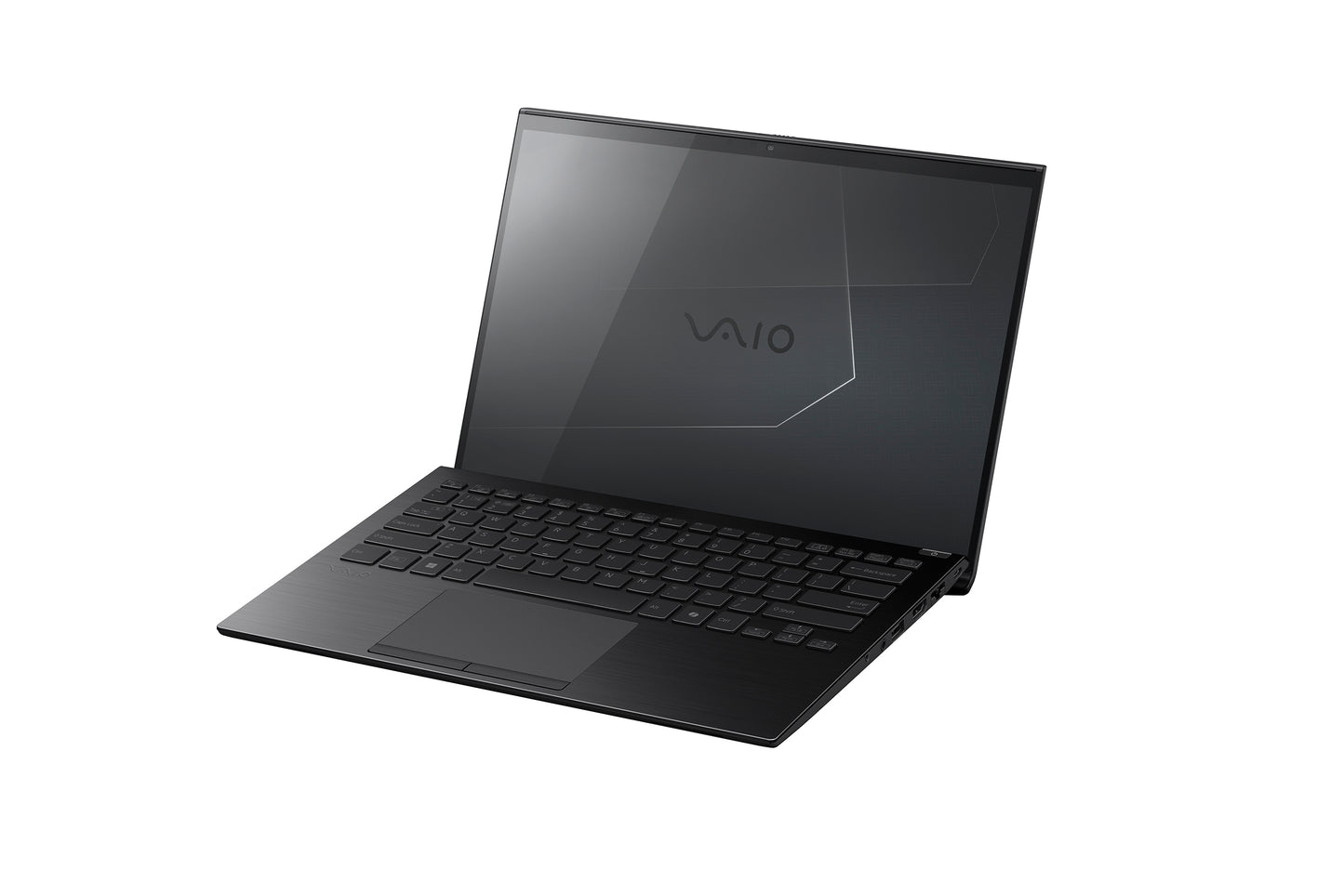 Side angle of a black VAIO laptop with a subtle screen graphic.