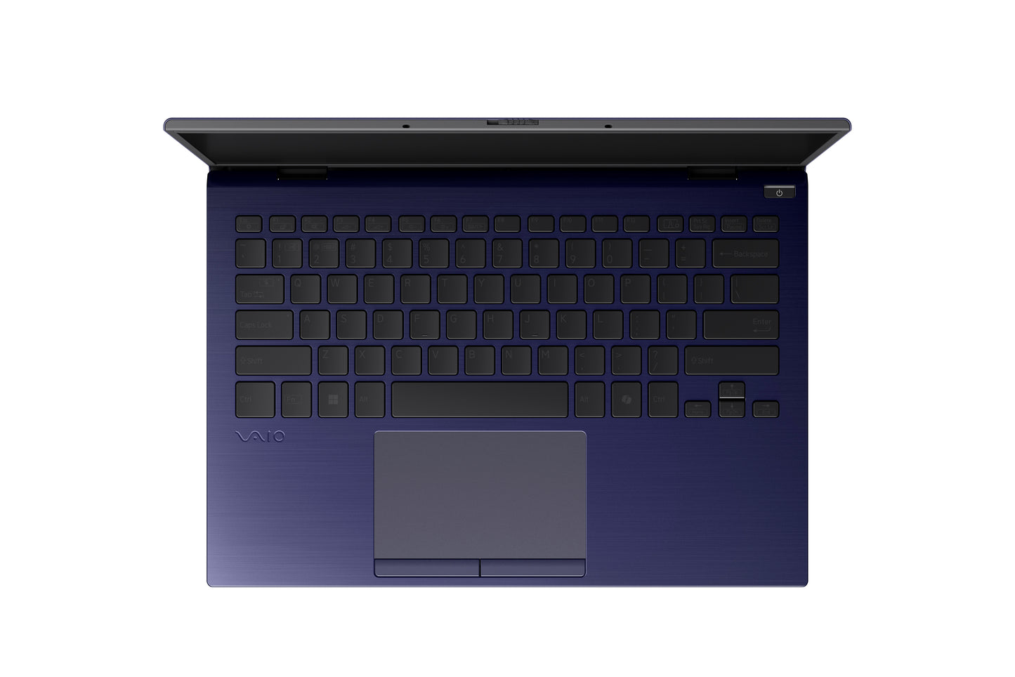 An overhead view of a VAIO laptop in a deep blue finish, highlighting its keyboard and large touchpad for easy navigation.