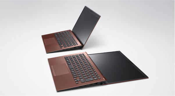 Two VAIO laptops displayed, one in a standard open position and the other fully laid flat, showcasing its 180-degree hinge.