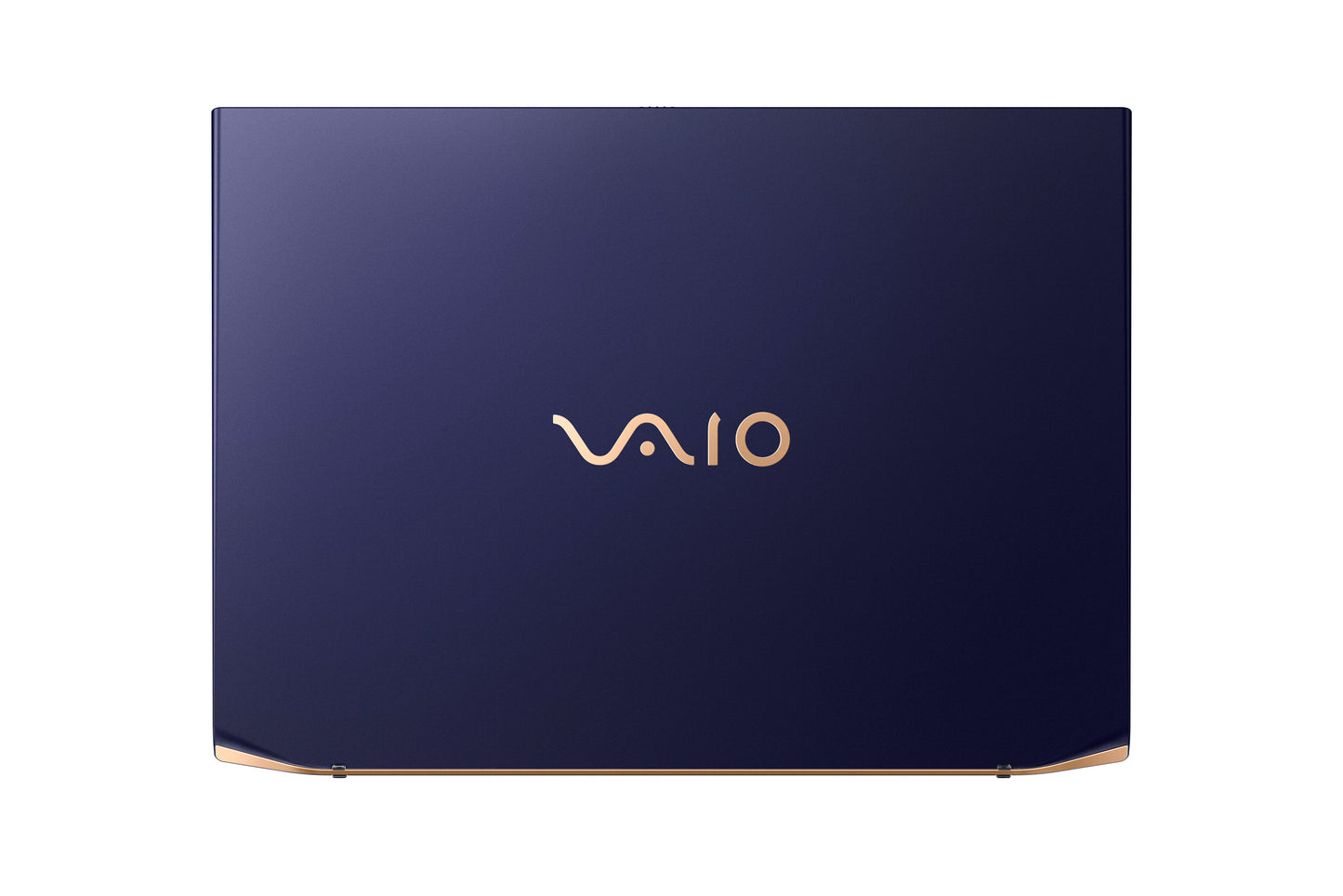 A sleek, navy VAIO laptop with a gold logo on the back, showcasing its elegant and modern design.