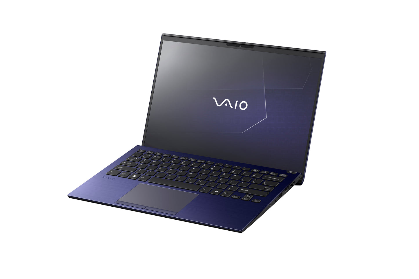 A slim, navy VAIO laptop with a sleek design, showcasing the screen and keyboard from an angled view.