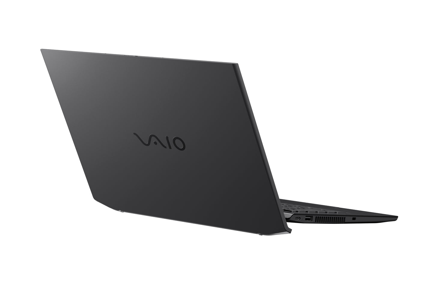 Rear angled view of a black VAIO laptop with partially open lid.