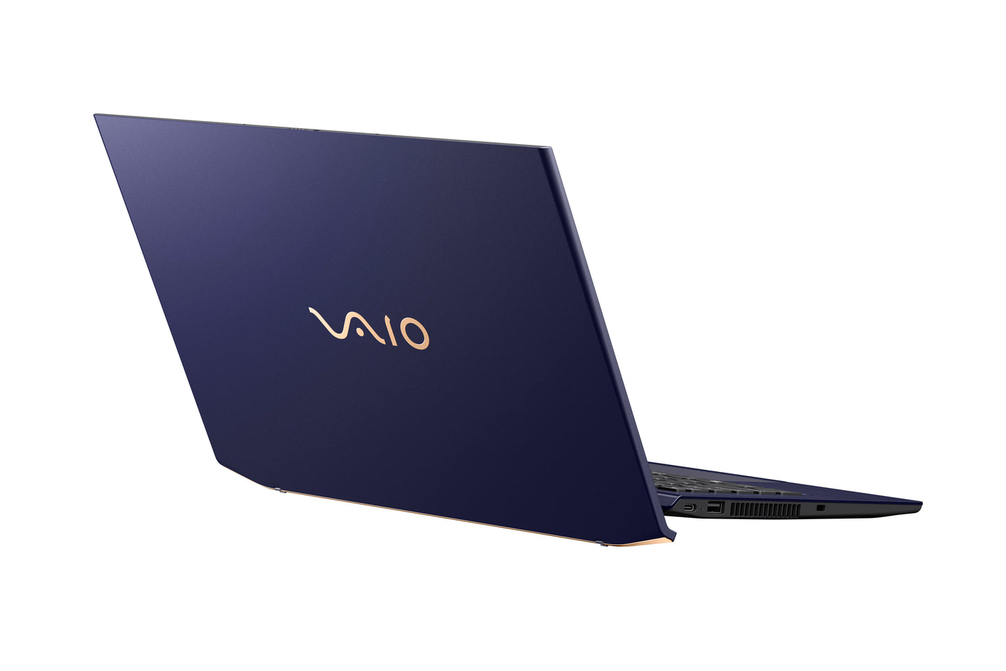 A back view of the sleek navy VAIO laptop, showing its smooth finish with the VAIO logo on the rear cover.