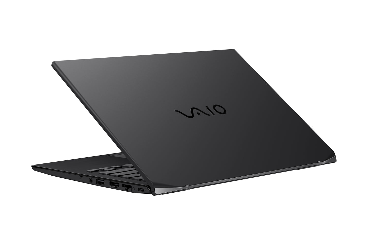 A sleek black VAIO laptop showcasing modern design with a minimalist logo, perfect for professional use.
