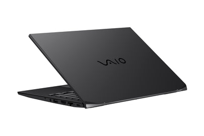 A sleek black VAIO laptop showcasing modern design with a minimalist logo, perfect for professional use.