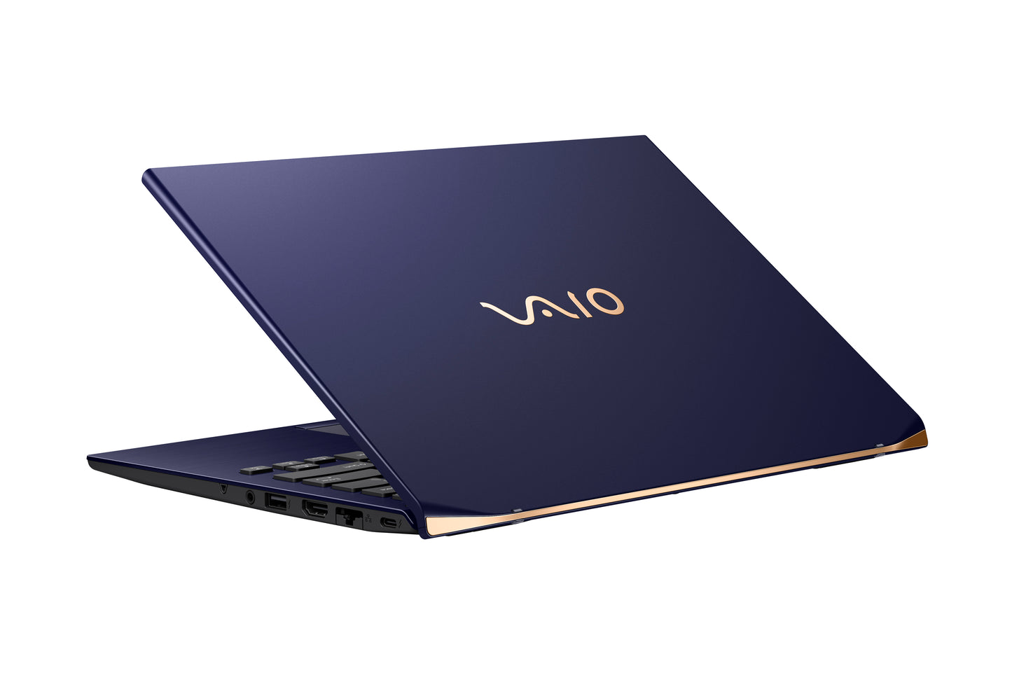 A stylish VAIO laptop in deep purple with a sleek gold logo, designed for modern performance and elegance.