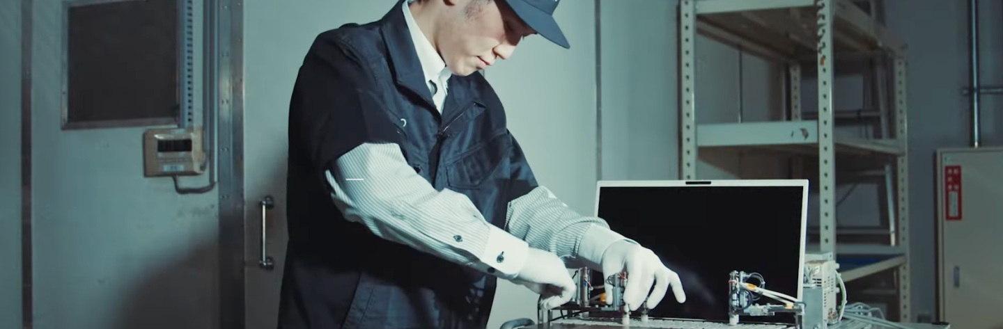 Technician assembling a VAIO laptop in a controlled environment, ensuring precision and quality in manufacturing.
