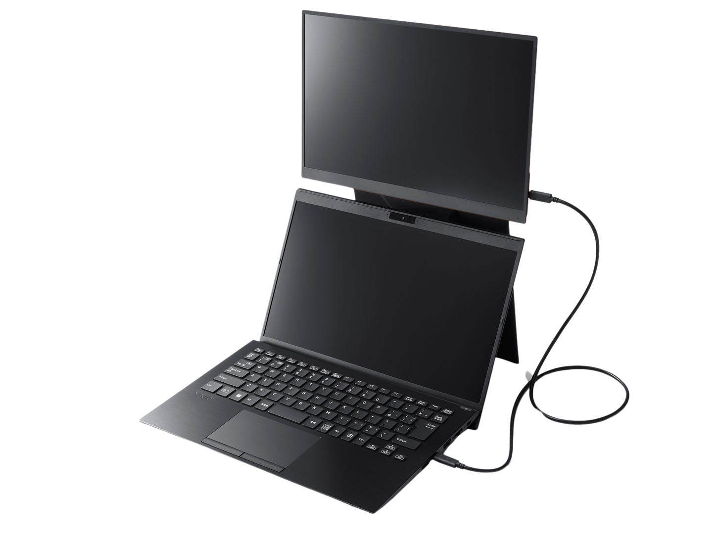 VAIO laptop with a dual-screen setup, featuring an external display for enhanced multitasking and productivity.