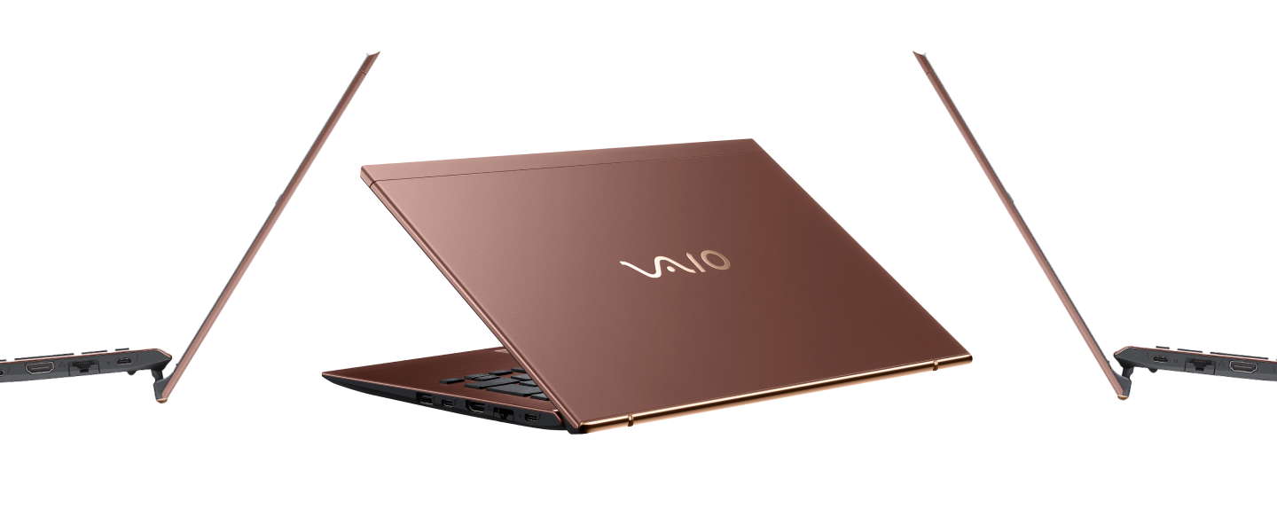 Ultra-slim VAIO laptop in a brown finish, showcased from multiple angles to highlight its sleek and lightweight design.