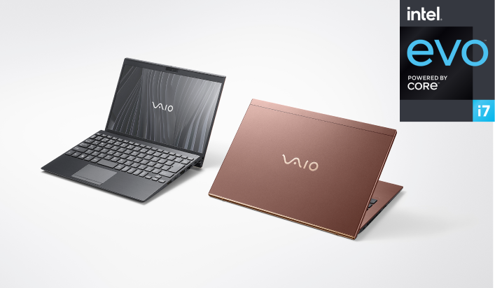 Two VAIO laptops, one open and one closed, featuring Intel Evo powered by Core i7 for high performance and sleek design.