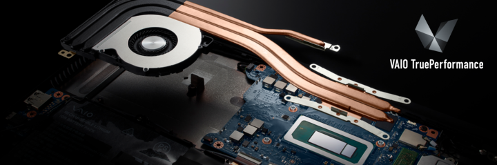 Close-up of a VAIO laptop cooling system with copper heat pipes, highlighting VAIO TruePerformance for better efficiency.