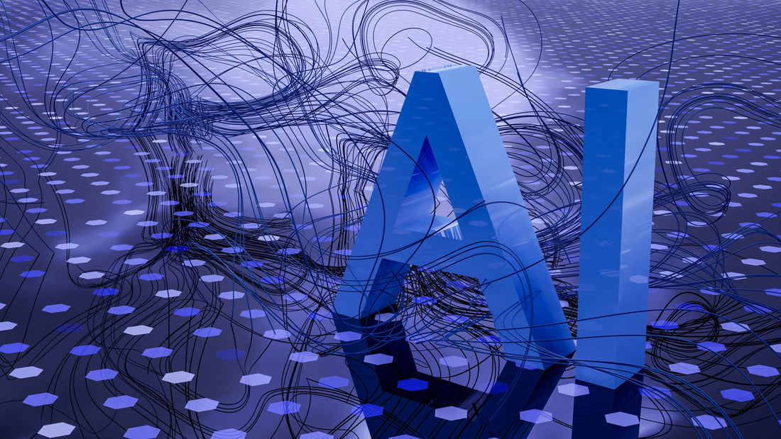 3D representation of AI surrounded by digital patterns and flowing lines, symbolizing artificial intelligence.
