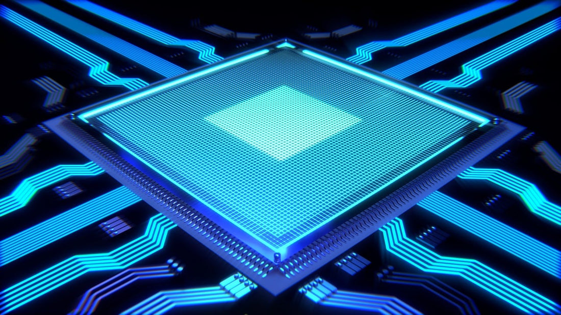 Close-up of a computer microchip with glowing blue circuit board connections.