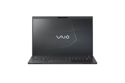 A VAIO laptop with a black keyboard and screen, displaying a sleek and modern design.