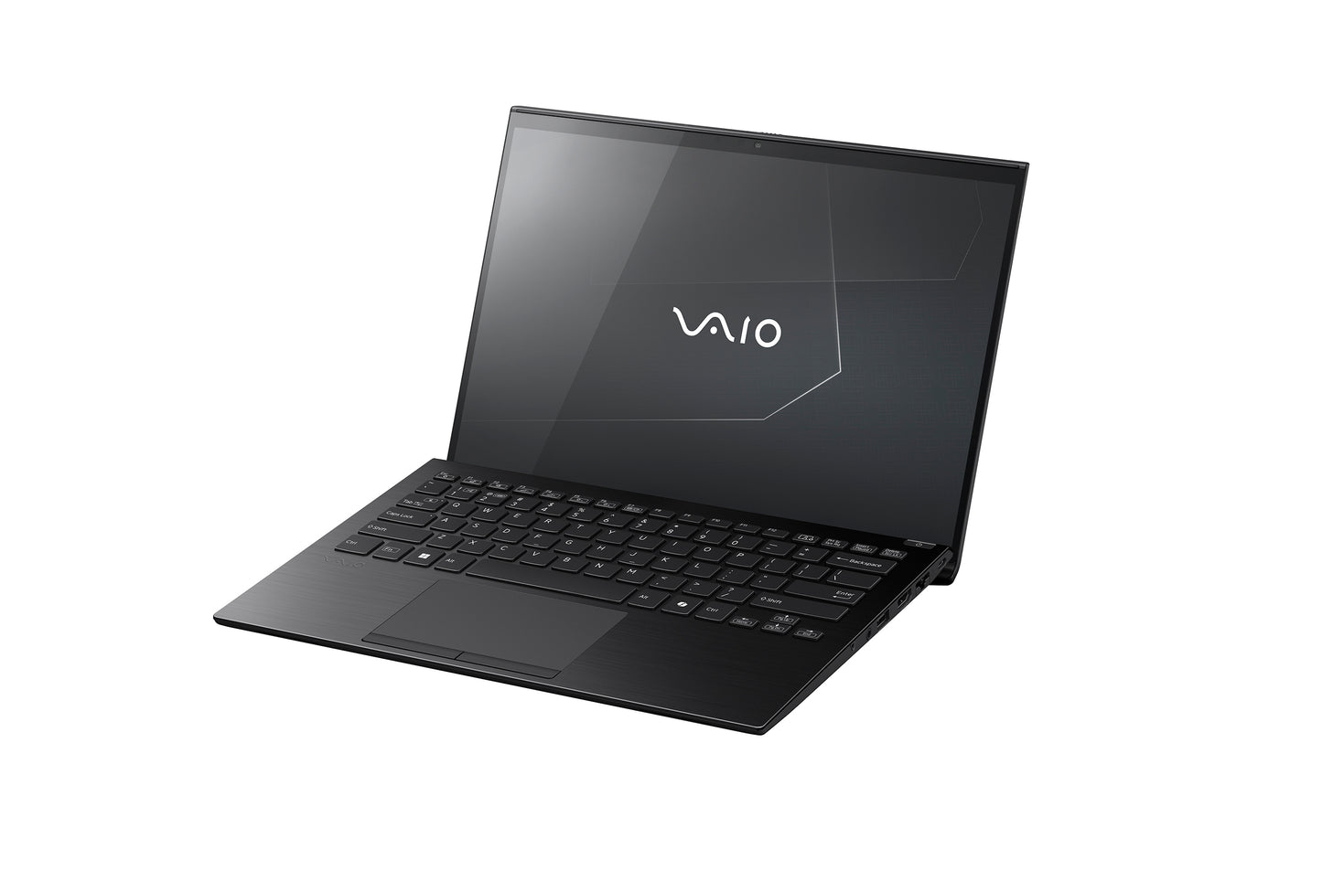 A VAIO laptop with a black keyboard and screen, displaying a sleek and modern design.