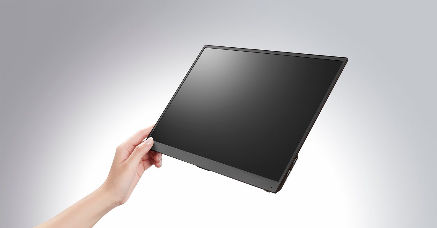 A hand holding a slim VAIO display, showcasing its portability and sleek design.