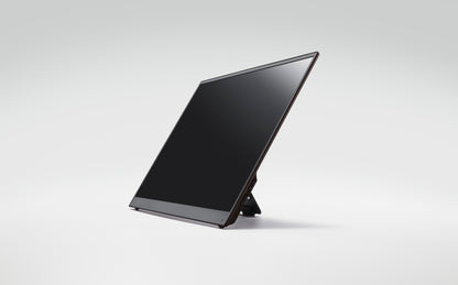 A portable external monitor with a foldable stand, designed for added screen space and easy adjustment.