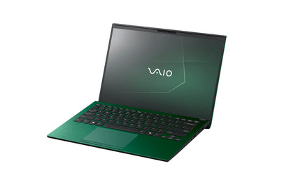 A VAIO laptop with a green exterior and a sleek design, showcasing its modern and stylish appearance.