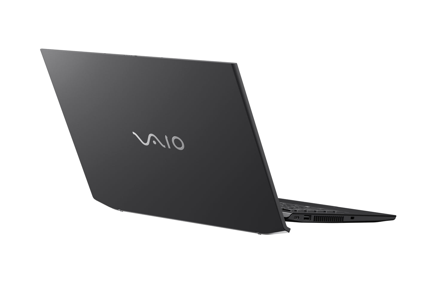 Rear angled view of a black VAIO laptop with partially open lid.