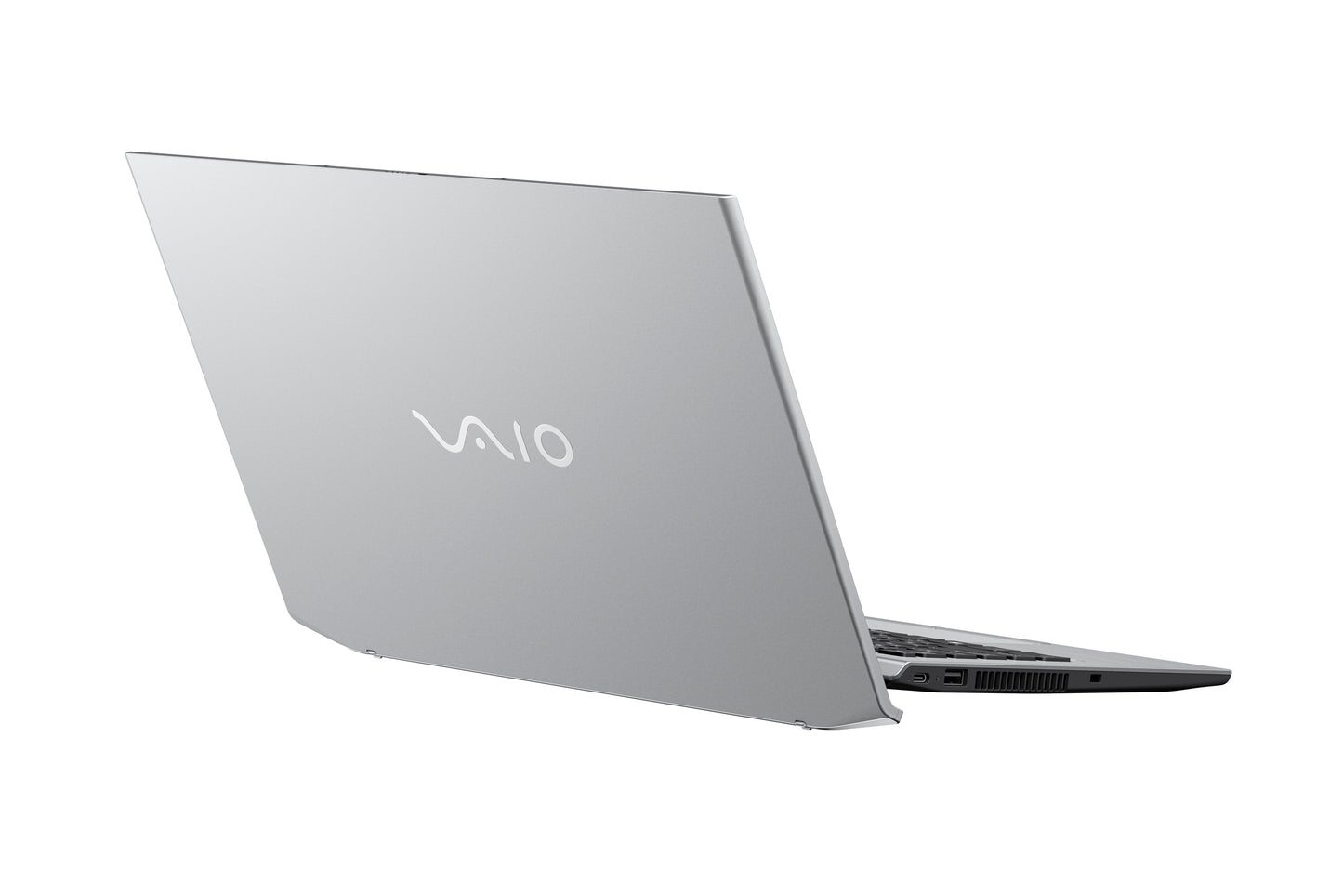 A sleek silver VAIO laptop with partially open lid.