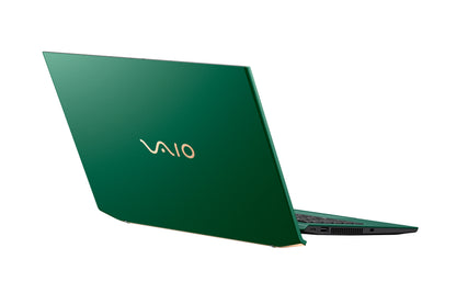 A VAIO laptop in a green color with partially open lid.