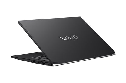 A sleek black VAIO laptop with the logo visible, showing a thin profile and modern design.