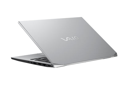 A VAIO laptop with its lid slightly open, showcasing the logo and sleek silver design.