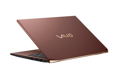 A VAIO laptop in a sleek rose gold color with the logo visible, slightly opened to display its modern design.