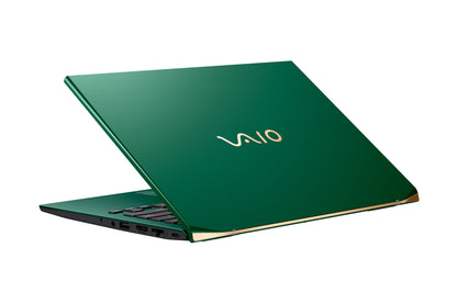 A sleek green VAIO laptop with a gold logo, showcasing its elegant design and modern features.