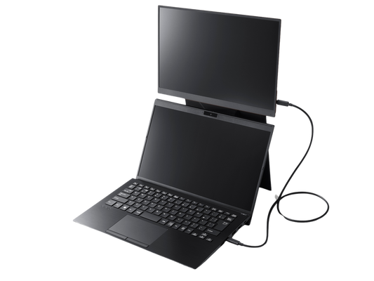 VAIO laptop with a dual-screen setup, featuring an external display for enhanced multitasking and productivity.